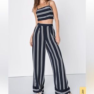 Lulu’s Coastal Living Navy Blue and White Striped Two-piece Jumpsuit